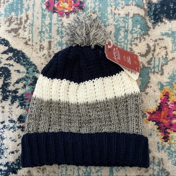 New AMERICAN NEEDLE Slope Knit Stripe Pompom Beanie In Navy-ivory-heather grey - Picture 2 of 6